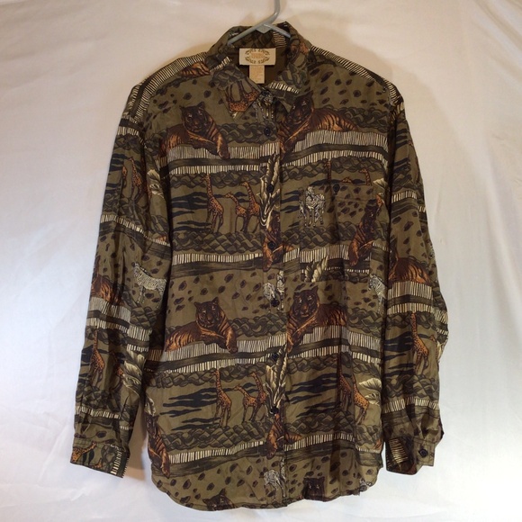 metro exspress womens button up shirt brown size Medium silk animal print safari - Picture 1 of 11